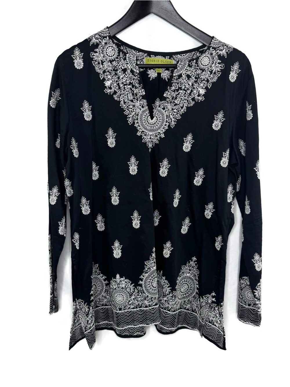Sigrid Olsen Black Tunic with White Paisley Embroidery